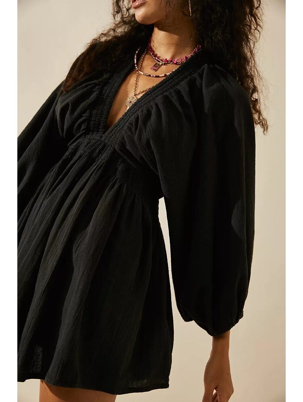Free People For The Moment Mini Dress Black Cotton Boho Balloon Sleeve Size S - Picture 3 of 13